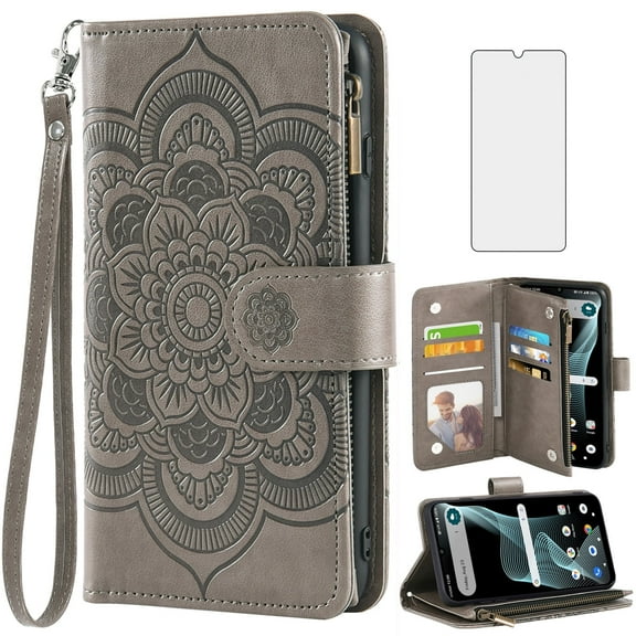 Compatible with Cricket Icon 6 SL219C/AT&T Verge SL219A Wallet Phone Case and Tempered Glass Screen Protector Flower Faux Leather Flip Credit Card Holder Stand Zipper Cell Cover for Icon6/ATT Grey