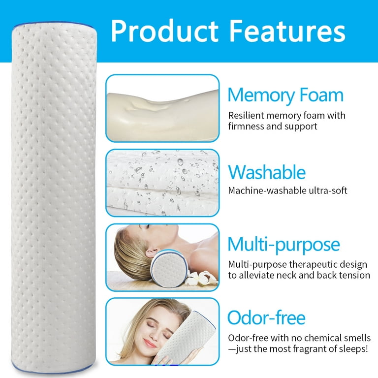 Round Cervical Roll Cylinder Bolster Pillow, Memory Foam Removable Washable Cover, Ergonomically Designed for Head, Neck, Back, and Legs || Ideal