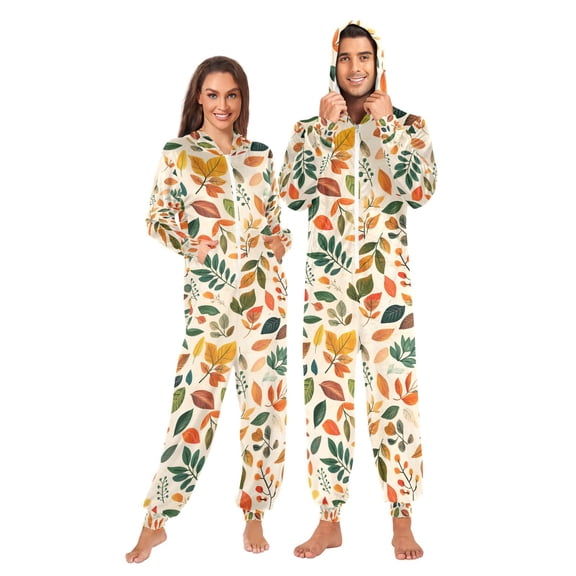FORMRS Onesies Pajama for Adults Unisex Hoodie Winter Jumpsuit One Piece Sleepwear, Sizes S-2XL, Beige Retro Leaves