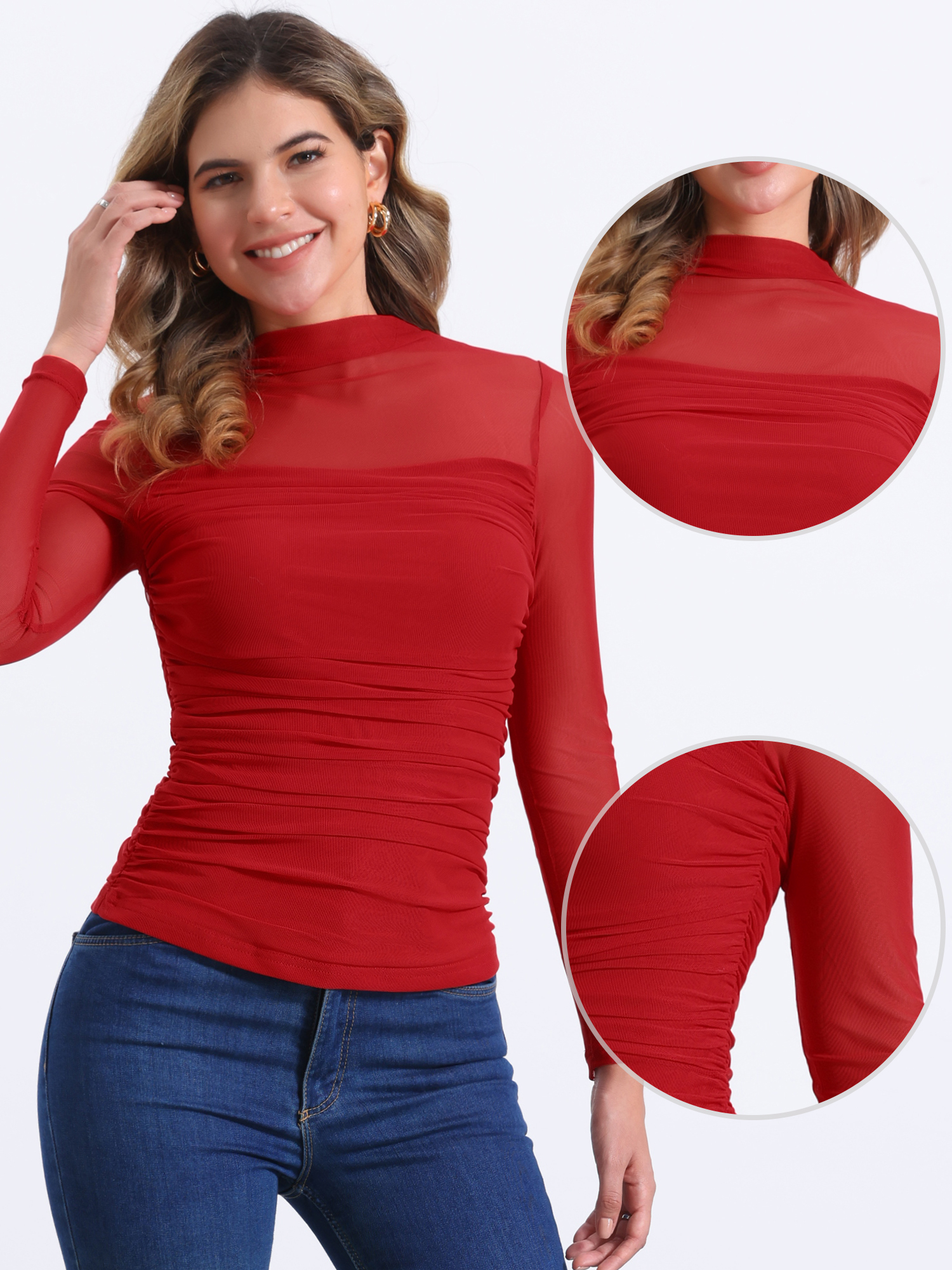 DARING DIVA Solid Mock Neck Sheer Panel Top XS Reds