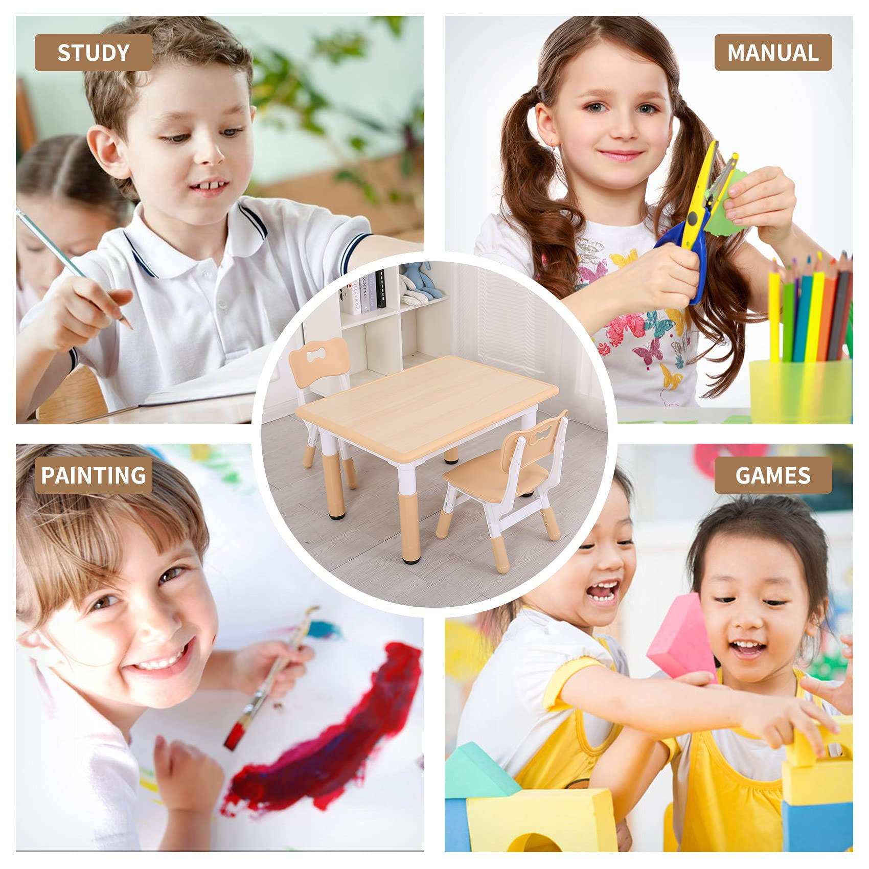 Unicoo Kids Table and Chair Set, Adjustable Height Toddler Table with 2 Chairs, Rounded Edges, Easy-to-Wipe