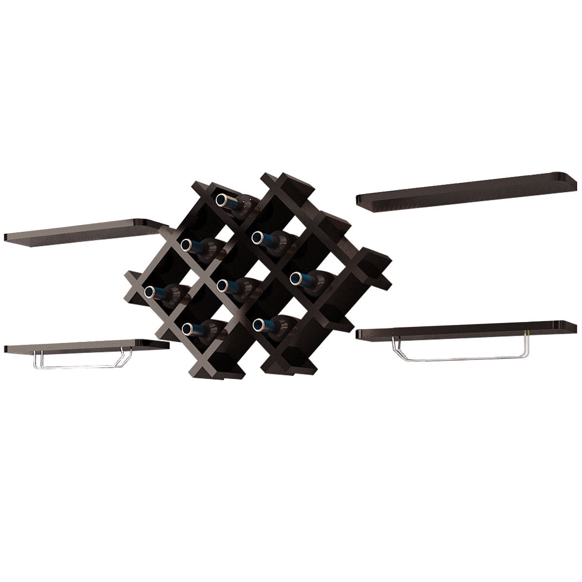 Gymax Set of 5 Wall Mount Wine Rack Set Storage Shelves Glass Holder Black