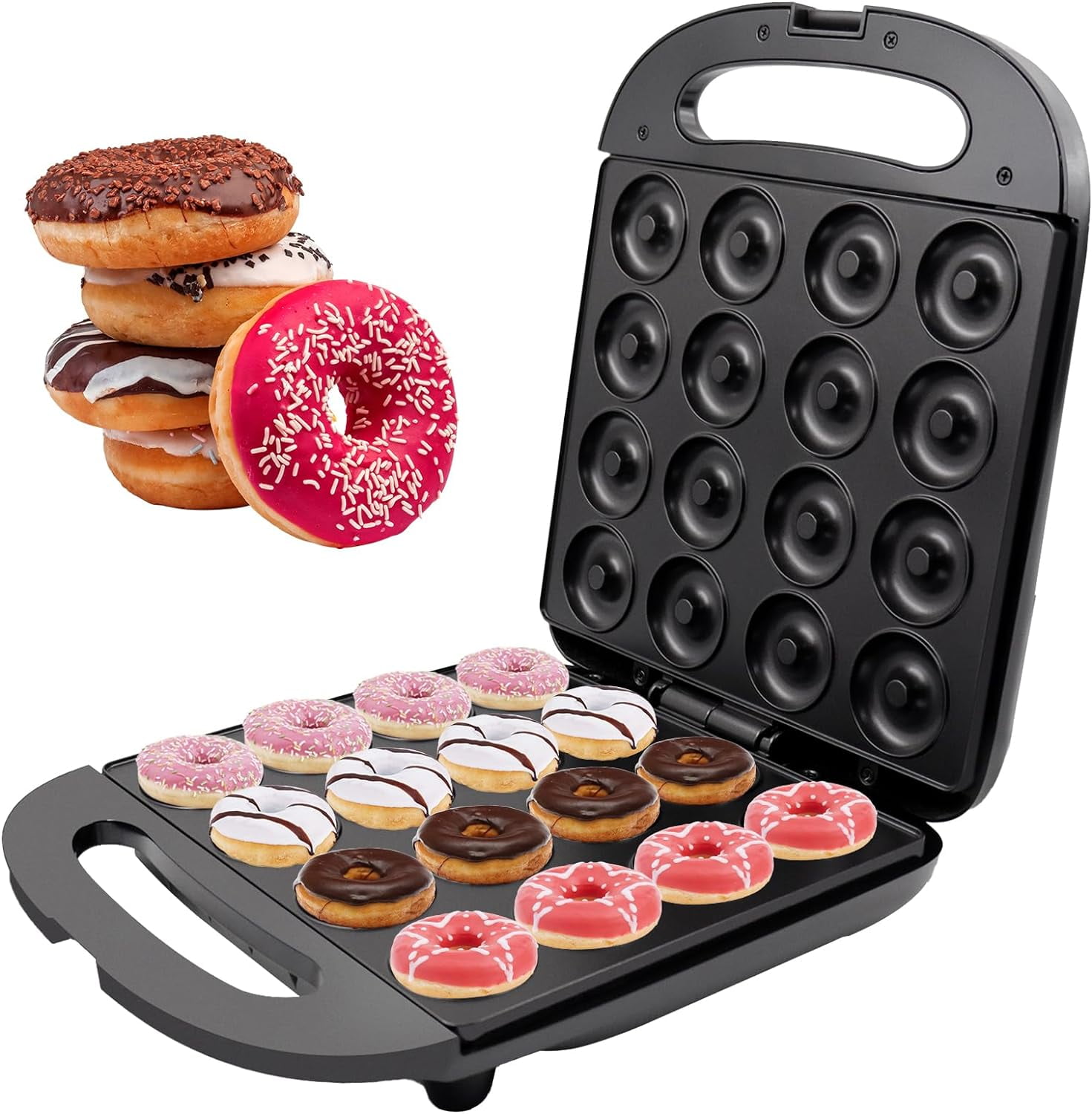 SAVALETOR Mini Donut Maker,Non Stick Donut Maker Machine,Mini Pancake Maker Machine Double Sided Heating ,16 Holes Mini Donuts For Home Baking Breakfast, Snacks, Desserts & More,Easy to Clean