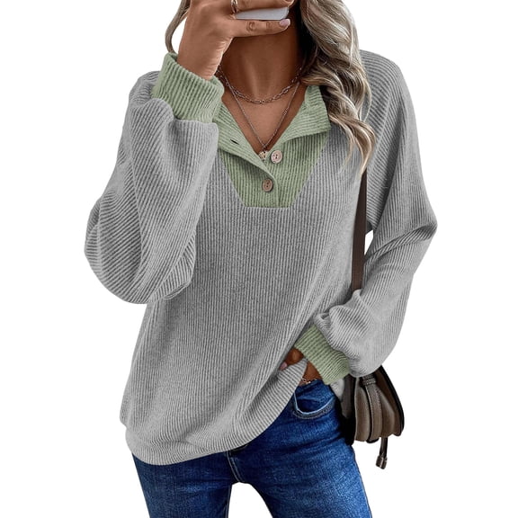 TEMOFON Sweatshirts for Women Fall clothes Loose V Neck Colorblock Long Sleeve Shirts for Winter Tops Trendy Sweat Shirts Light Grey L