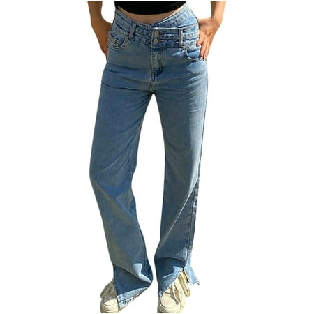 QTBIUQ Ladies Fashion High Waist Double Layer Cross Irregular Waist Wide  Leg Split Jeans | Walmart Canada