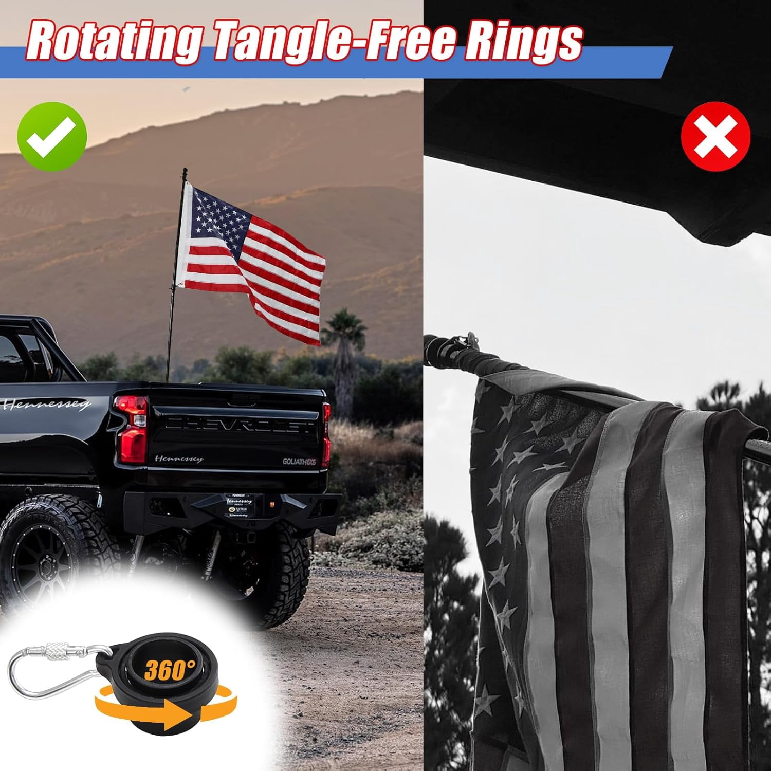 DEROFIT Truck Flag Pole with Mount for Truck Bed, Drilling Free Metal Flagpole for Truck Bed Rail, Pickup, Jeep,6ft (Black）