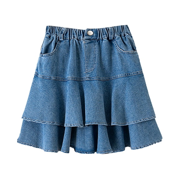 CPNG Girl's Denim Ruffle Skirts Mini Pleated Flared Cake Skirt Toddler Jean Skirts Summer Vintage Thin Denim Skirt(Blue,8-9 Years)