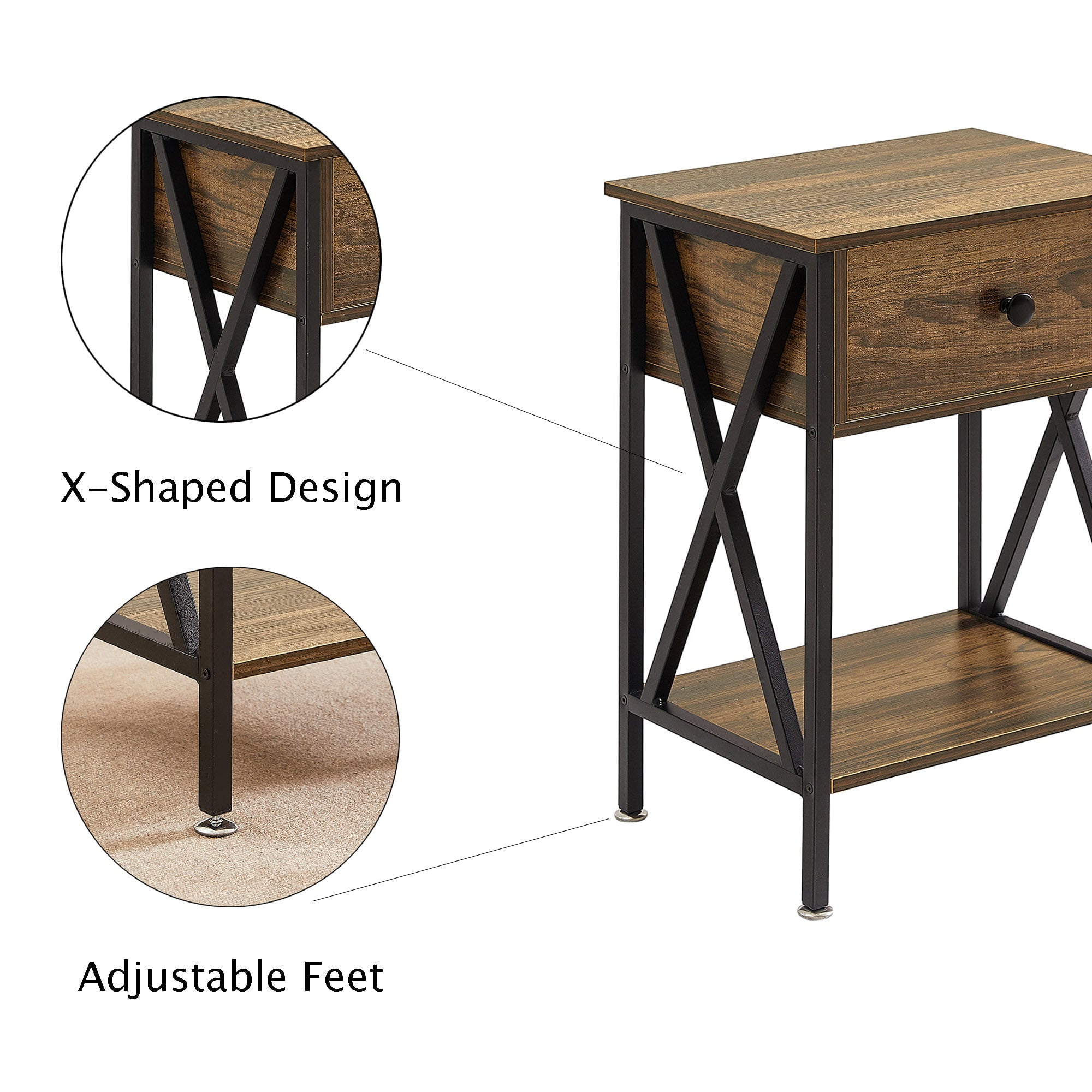 VECELO Nightstand with Drawer and Open Storage Shelves, Bedside End Table for Bedroom Living Room, Brown