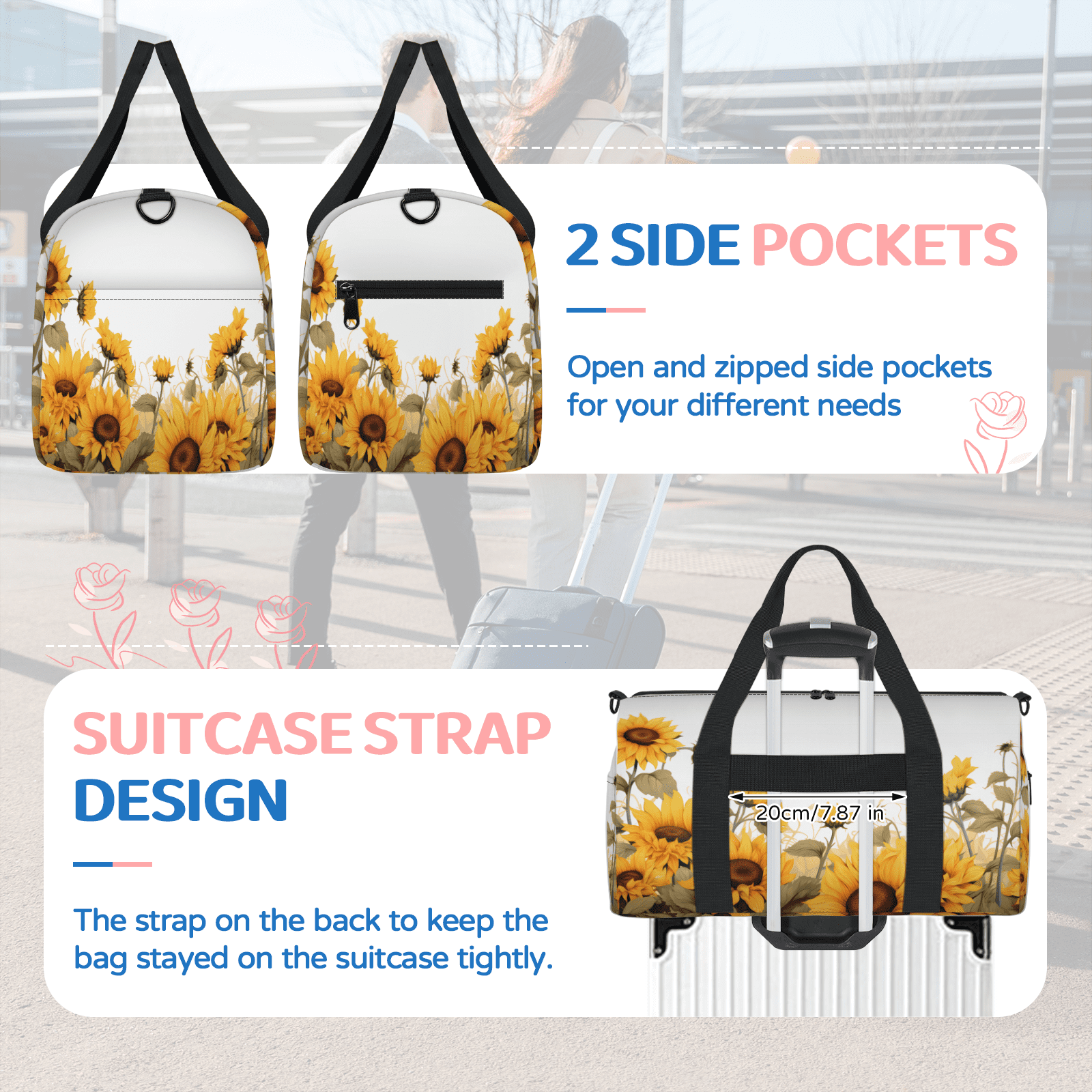 Herdesigns Sunflwer Summer Gym Bag for Women, Duffle Bag for Travel Sport, Lightweight Waterproof Carry on Weekender Overnight Dance Yoga Workout Bags