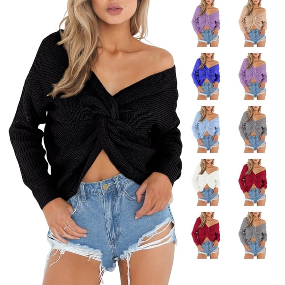 Lumtrix Sweaters For Women Casual V Neck Criss Cross Backless Long Batwing Sleeve Loose Knitted Sweater Pullovers Black L