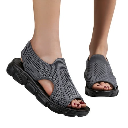 

iOPQO Women s sandals Women Mesh Breathable Sandals For Summer Shoes Sport Walking Sneakers Lightweight Shoes Mesh Breathable Flyknit Grey 38