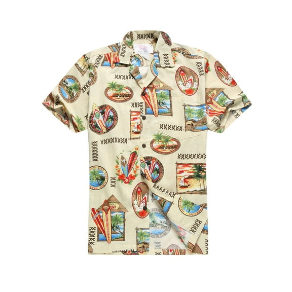 Made in Hawaii Men's Hawaiian Shirt Aloha Shirt in Surfboards and Palms in Cream 2Xl