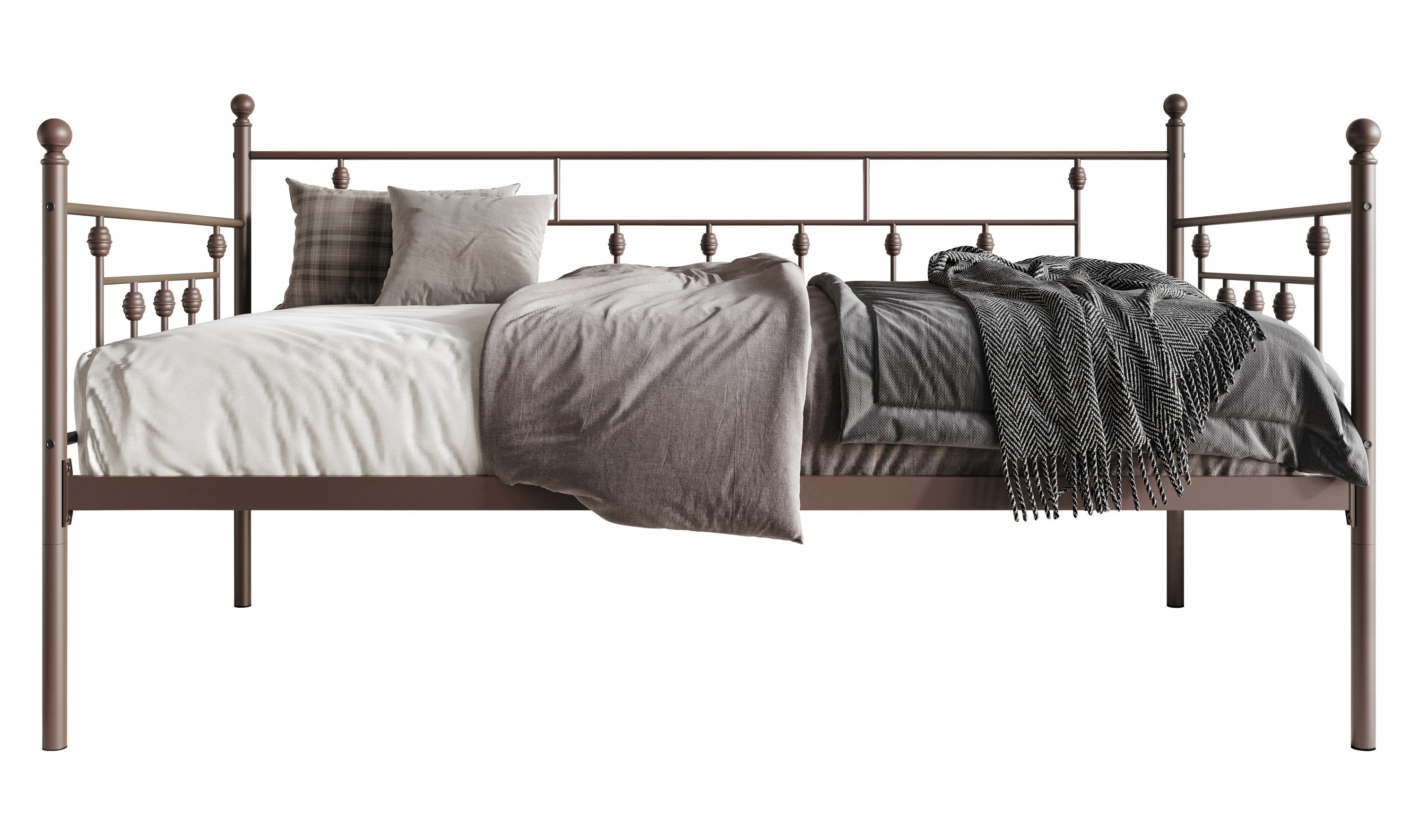 Home Design Aine Twin Metal Daybed with Victorian-Style Frame, Rounded Finials, Durable Slats, Stylish and Functional for Bedroom or Guest Room, Brown