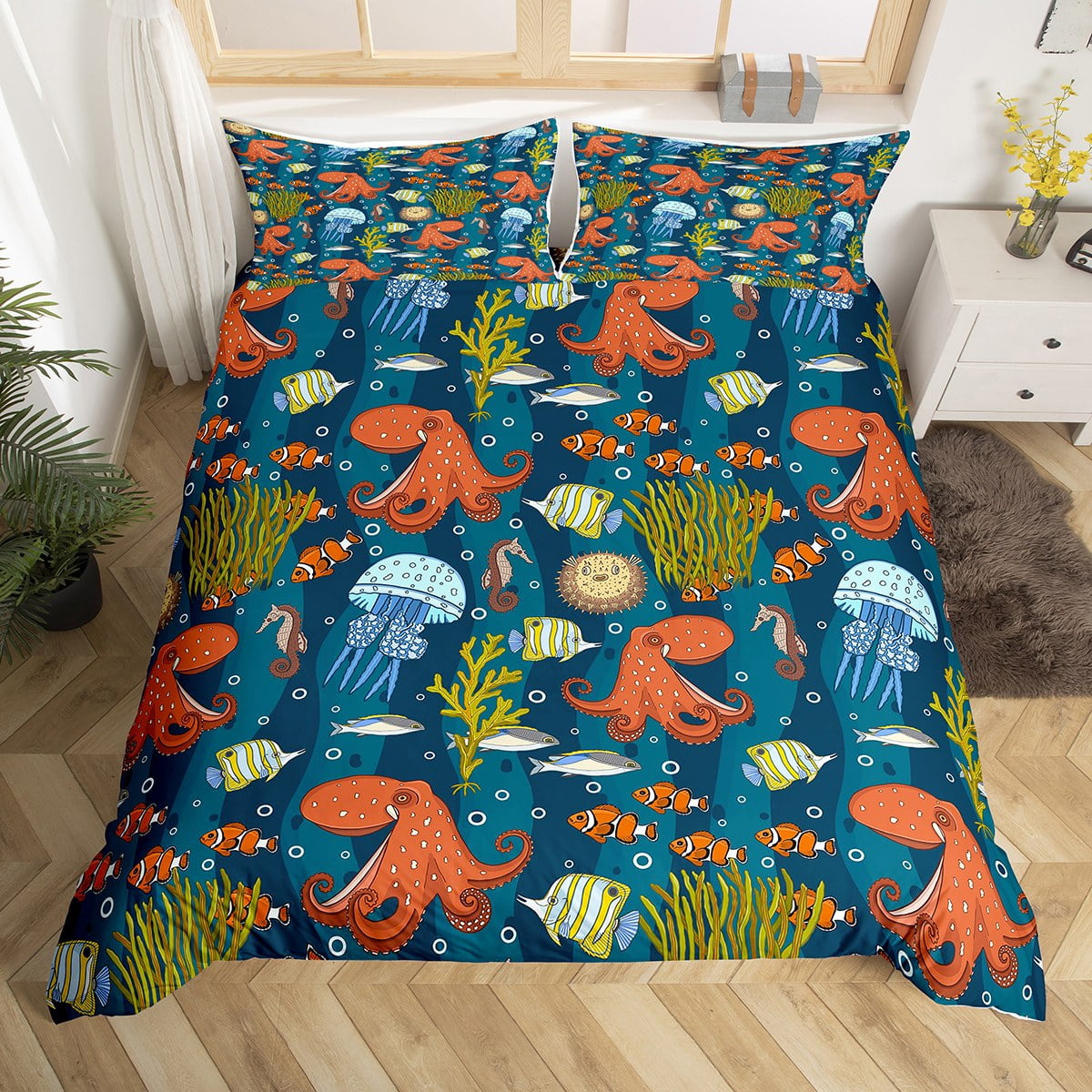 Octopus Duvet Cover Full Jellyfish Bedding Set Cartoon Ocean Seahorse