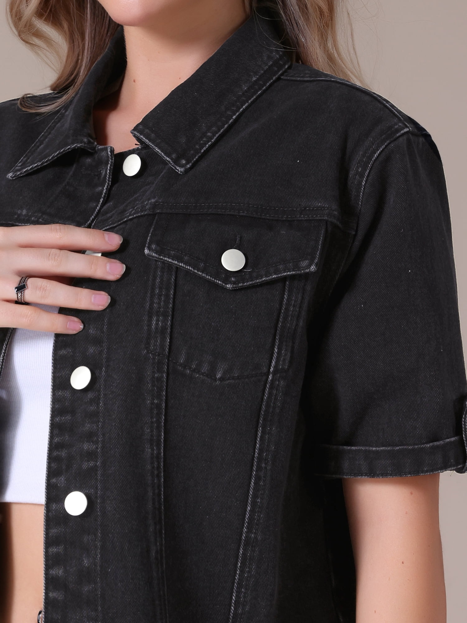 DARING DIVA Women's Short Sleeve Denim Collared Button Up Cropped Jean Jacket S Black