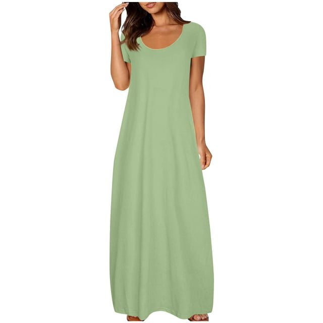Hyknon Robes d'Été pour Femmes Couleur Unie Manches Courtes Robe Longue Décontractée Taille Empire avec Poches Grande Taille Robe de Plage P-5TG
