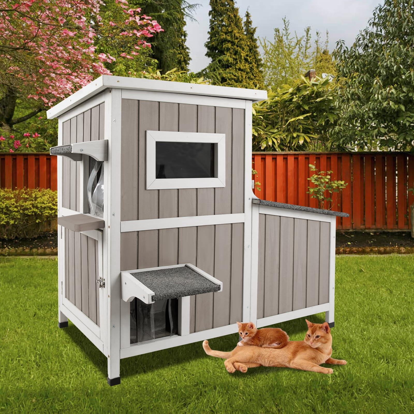 Gowoodhut 36.1" L Outdoor Cat House, 2 Story Wooden Outdoor Cat Shelter with 3 Escape Doors