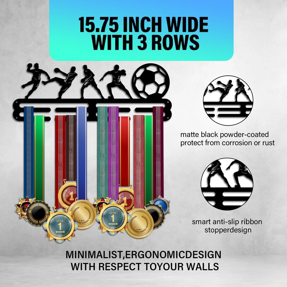 PH Soccer Medal Hanger Display Medal Holder Rack Wall Mount Hanger Decor Trophy Shelf Tiered Award Rack Award Ribbon Hanger with Gift Box for Over 50 Medals Easy to Install Black DIY