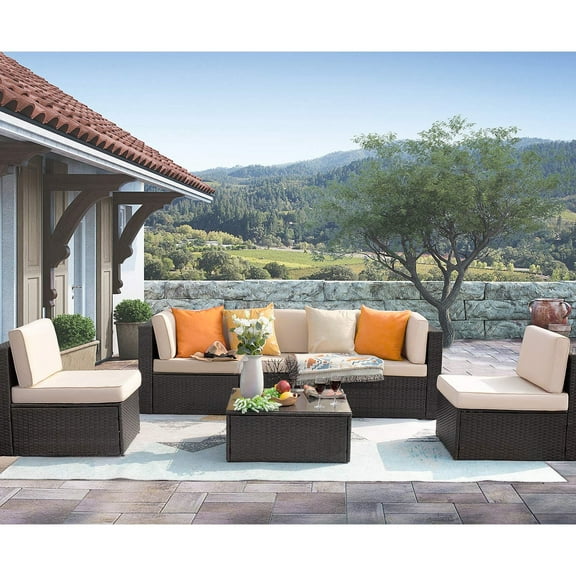 Vineego 6 Pieces Outdoor Patio Furniture Sets Wicker Sectional Sofa PE Rattan Conversation Sets with Cushions, Beige&Orange