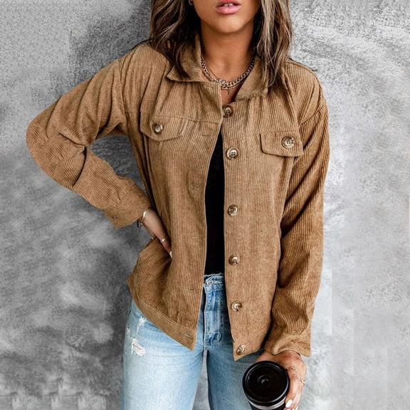 Fashion Women Corduroy Jacket Turn Down Collar Long Sleeve Pockets Button Up Coat Women Coats And Jackets Women Casual Suede Lightweight Soft Jacket Casual Jackets for Women Fashion Coat Women Flannel