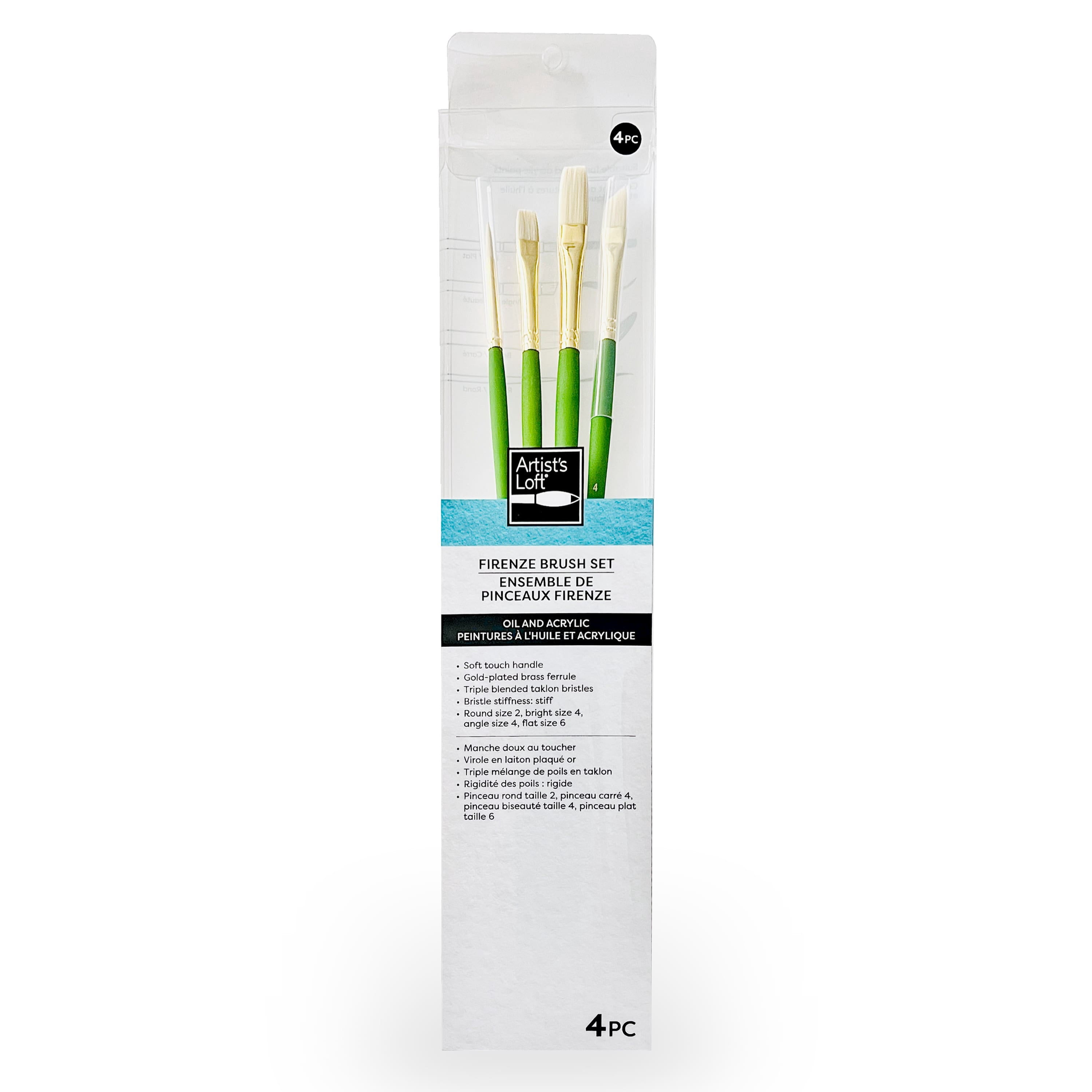 Artist's Loft Long Handle Paint Brush Set, Stiff Triple-Blended Taklon, Assorted Shapes, 4-Piece