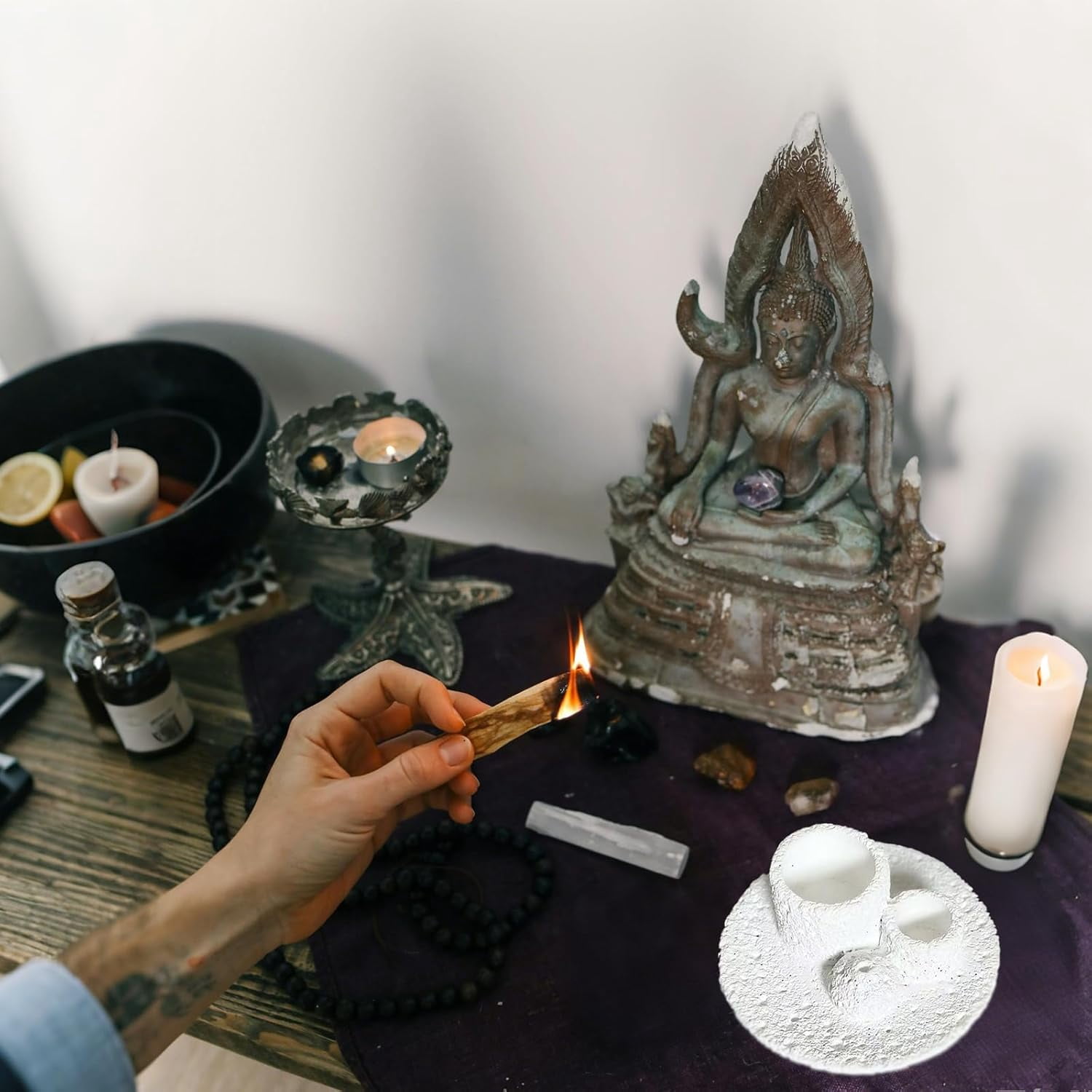 ABPETE 4-in-1 Cement Holder for Incense Sticks, Palo Santo, Sage Sticks & Candles - Multi-Purpose Burner for Aromatherapy & Meditation (White)