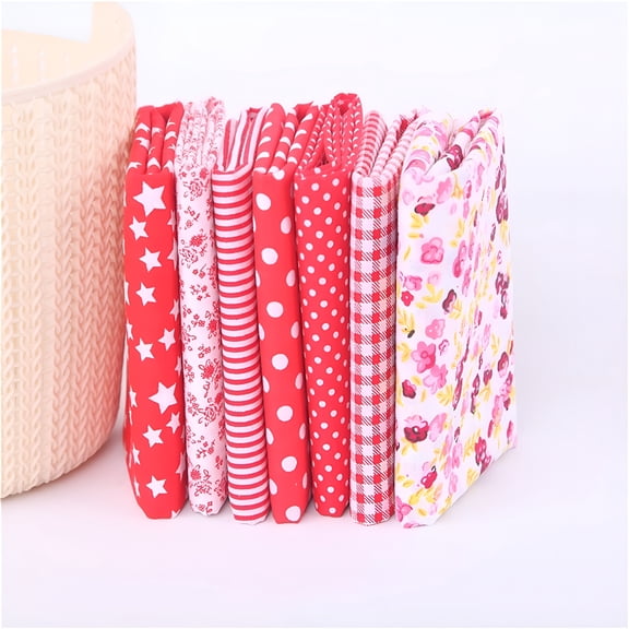 AUQ 7 Pcs Cotton Fabric DIY Making Supplies Quilting Patchwork Fabric Fat Quarter Bundles DIY Cotton Craft Fabric Bundle Squares for Quilting Cotton Patchwork Cushions, 9.84x9.84 Inch, Red