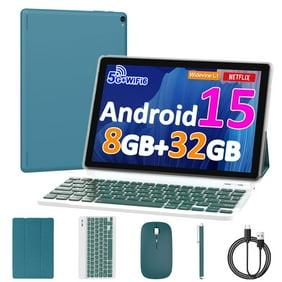 Android 15 Tablet 10 inch, 8GB RAM 32GB ROM Support 1TB Expandable Computer Tablet, 1.8Ghz Quad-Core CPU, HD Screen, BT, WiFi, Long Battery Life, 2 in 1 Tablets with Keyboard Case Mouse Stylus, Blue