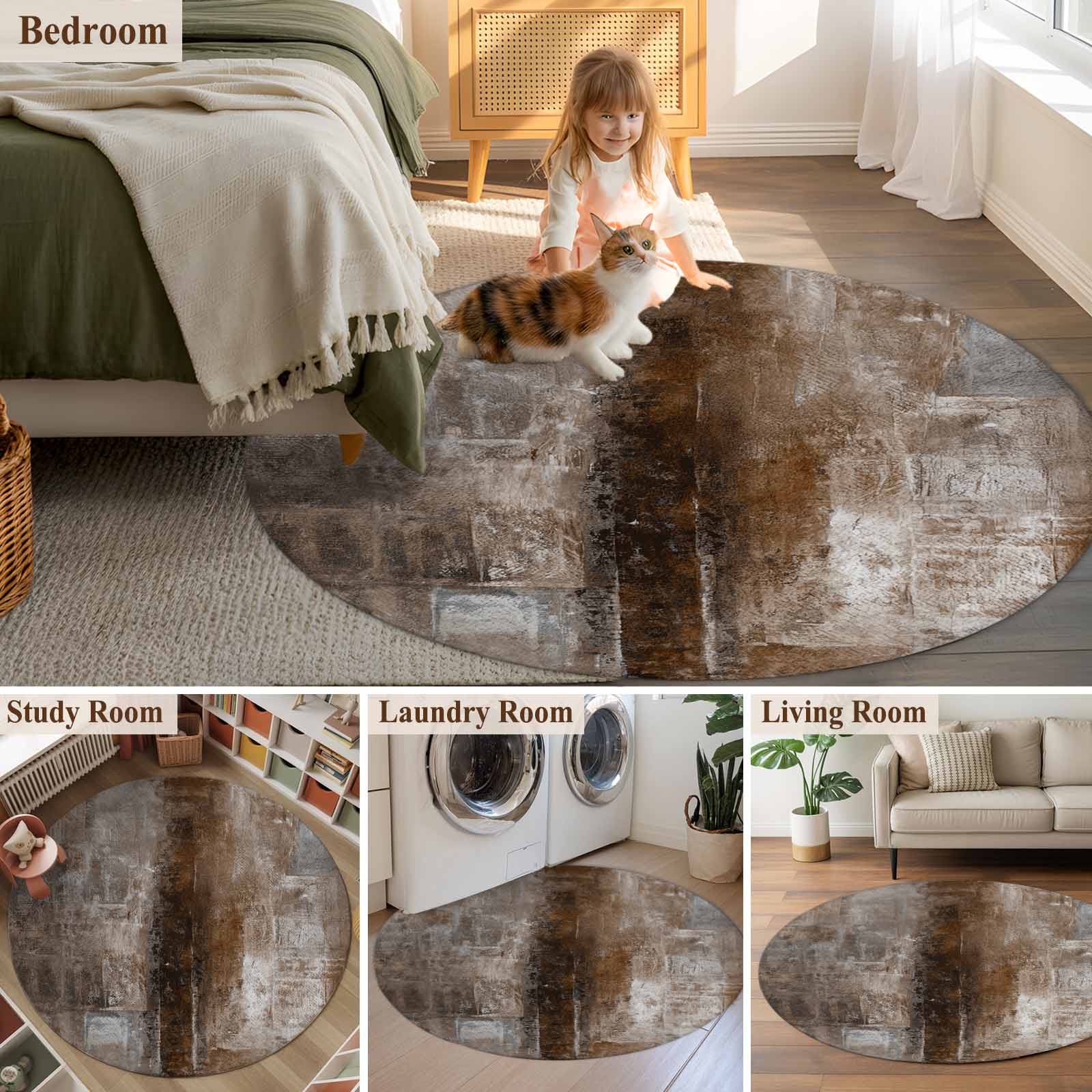 Brown Round Area Rug 6 FT, Non Slip Bedroom Area Rug, Retro Oil Painting Modern Abstract Art Aesthetics Washable Soft Circular Carpet Floor Mat for Kitchen Dining Room Home Office Kids Room