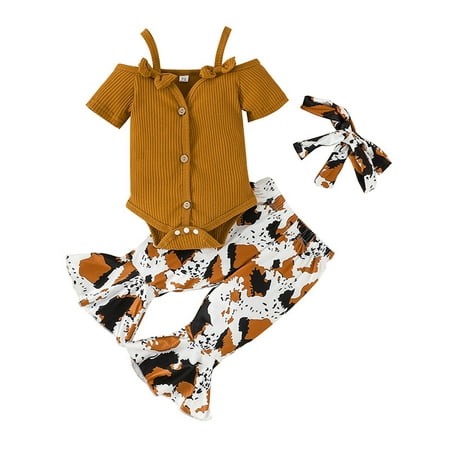 

Toddler Girls Outfit Girls Short Sleeve Ribbed Bowknot Romper Bodysuit Leopard Prints Bell Bottoms Pants Headbands Outfits