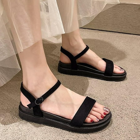 

ZHELIYO Women s sandals Women Sandals Fashion Simple Solid Color Thick Bottom Flat Bottom Comfortable Buckle Strap Casual Versatile Sandals Black 6.5