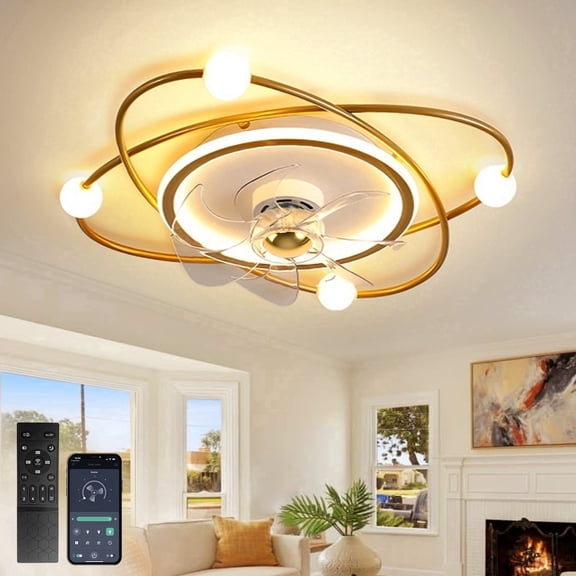 RRBEST Modern Golden Ceiling Fan with Light, 21.7" Low Profile Flush Mount Fandelier, Silent Fan with Remote/App, for Bedroom, Kitchen, Living Room