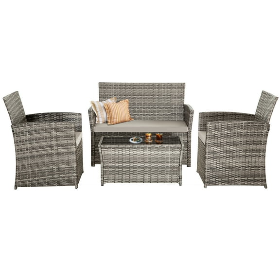 "4-Piece Outdoor PE Rattan Furniture Set - Patio Grey Wicker Sectional Sofa with Washable Cushions"