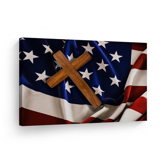Smile Art Design Cross on USA Flag Christianity Canvas Wall Art Print Pray Cross Religious Living Room Bedroom OfficeChristian Gift- 30x40