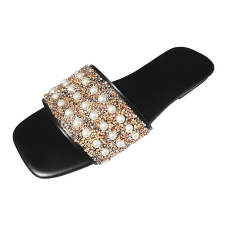 

MIASHUI Womens Sandals Shoes Pearl Colourful Diamond Sequins Square Head Flat Bottom Beach Outer Wear Large Size Sandal Slippers Casual Summer Shoes Black 7