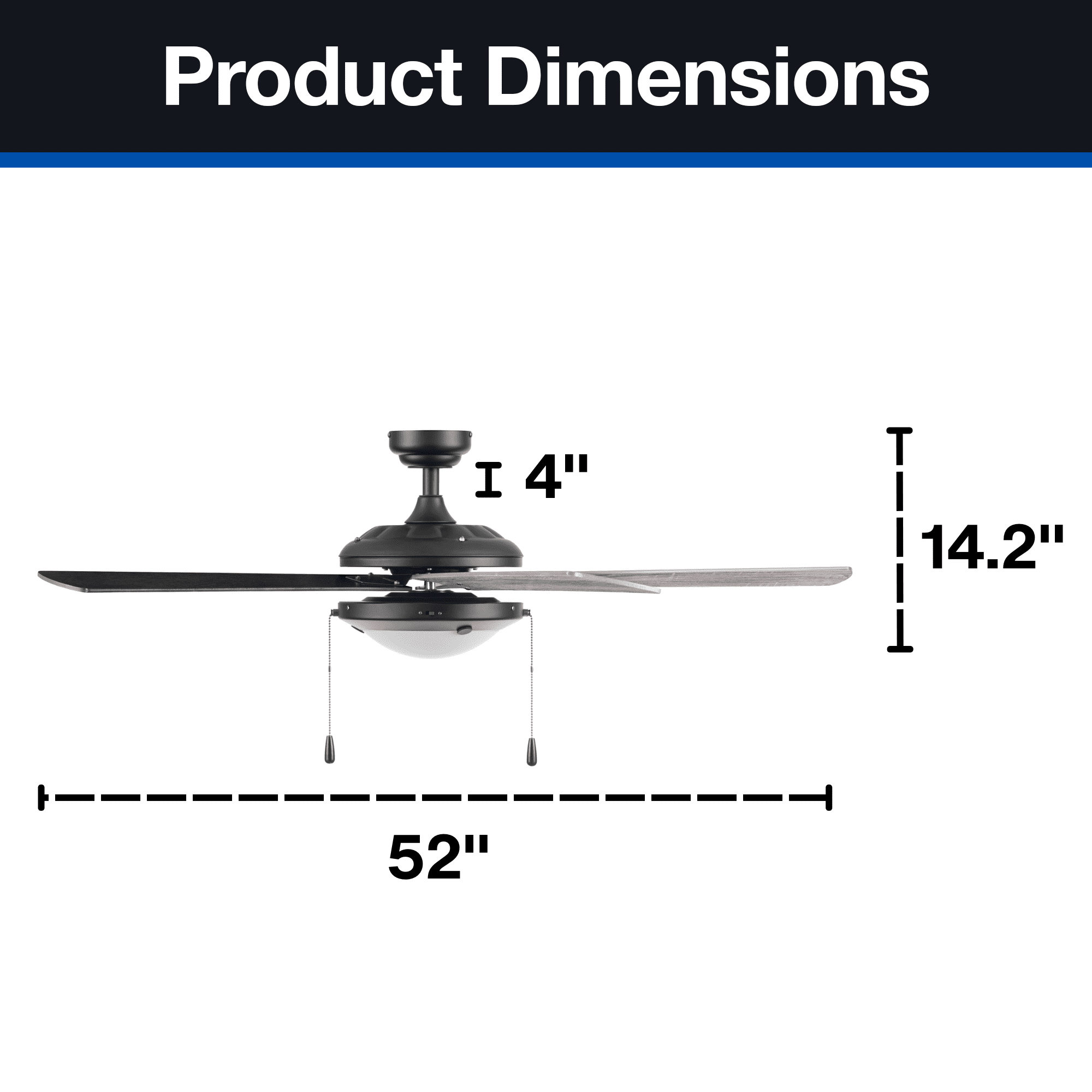 Mainstays 52" Matte Black Indoor Ceiling Fan with Light, 5 Blades, Pull Chain Control & Reverse Airflow