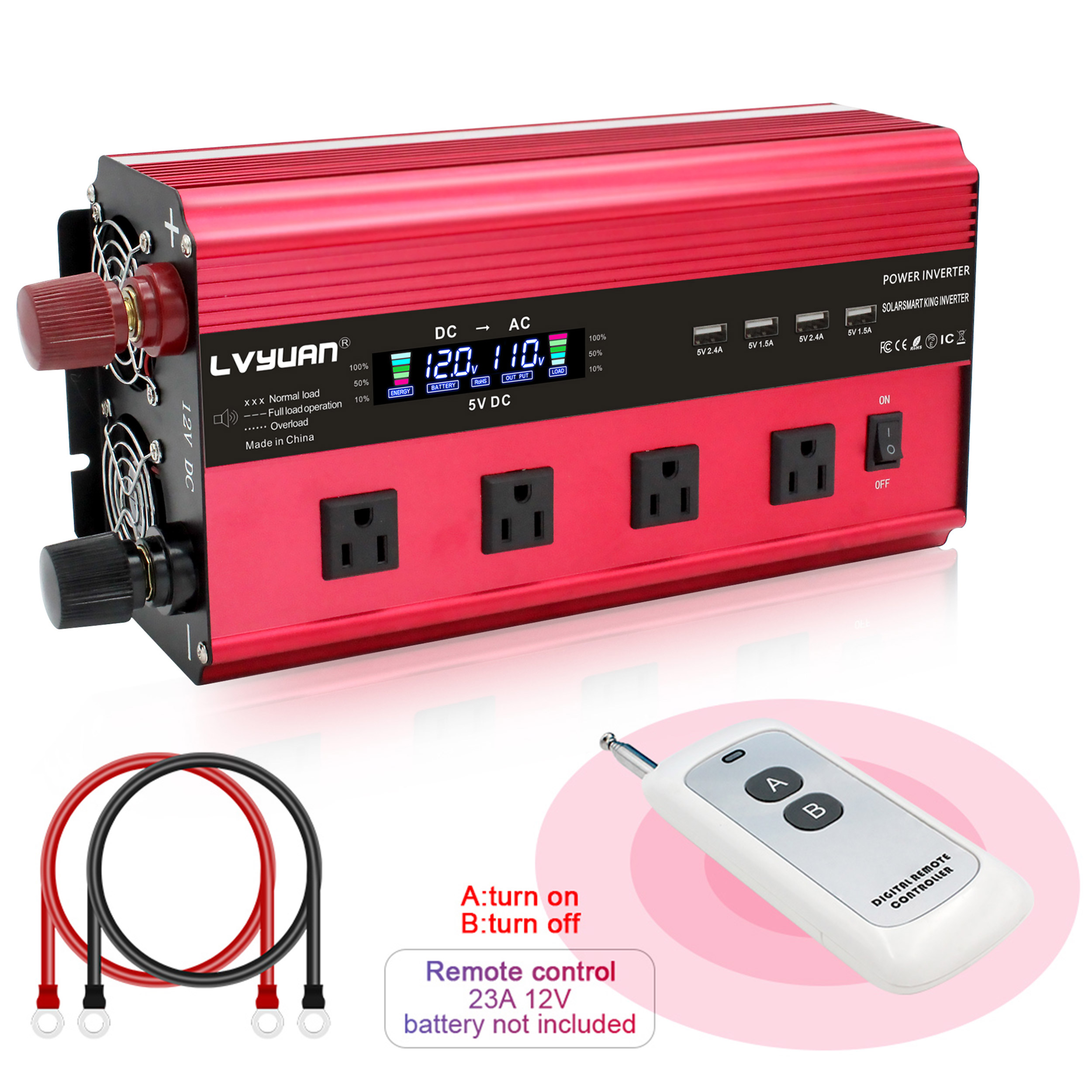 LVYUAN 3000W 6000W Modified Sine Wave Power Inverter DC 12V to AC 110V Car Converter with LCD Display & Remote Control 4AC 4USB  for Home/ Camping/ Outdoors/ RV/ Car Use