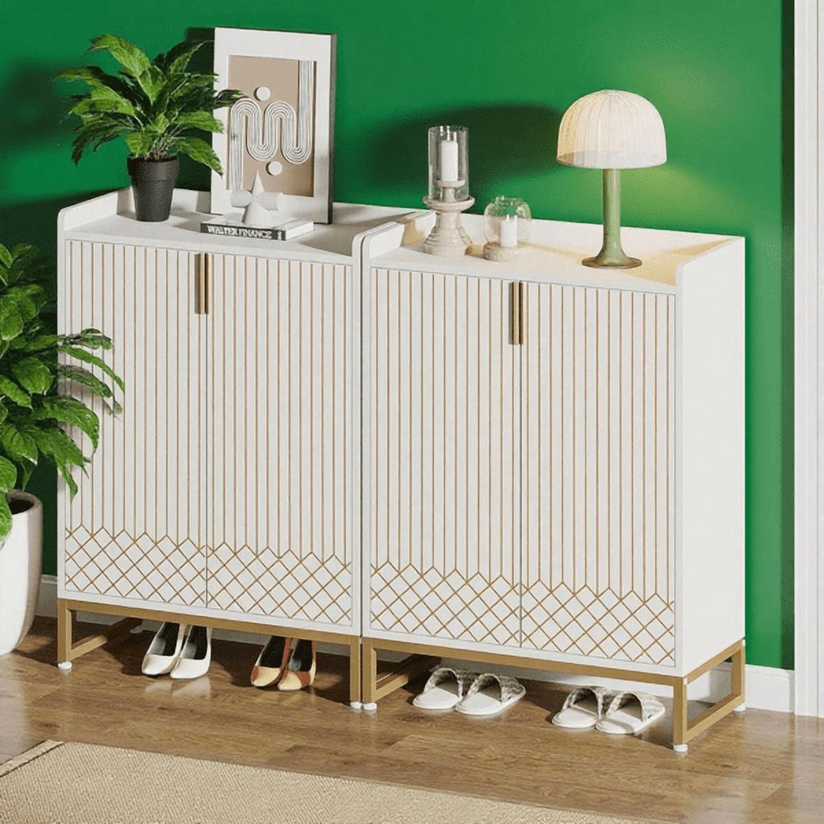 5-Tier Shoe Cabinet - White with Gold Accents, 20-25 Pair Capacity, Slim Vertical Design, MDF & Steel Legs, Modern Minimalist for Entryway/Hallway