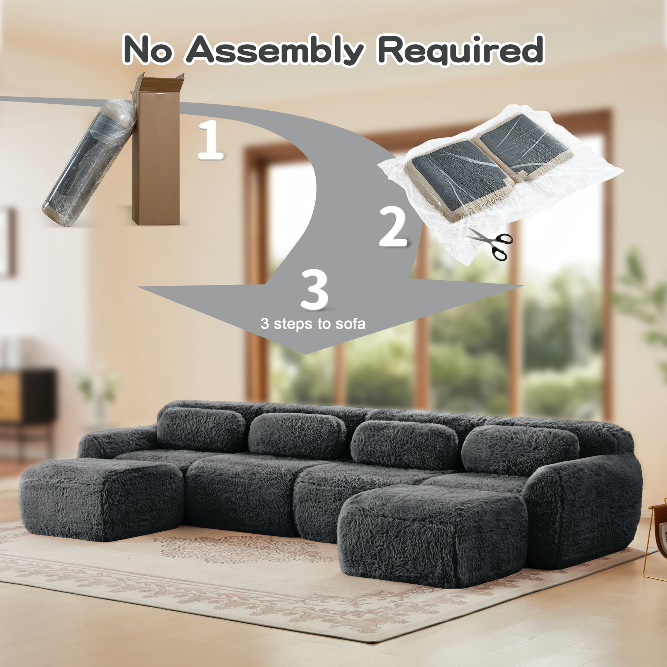 Vinform 149" Sectional Couch, U-Shaped Sofa with 2 Ottomans for Living Room, 4-Seat, Plush, Gray(No Assembly Required)