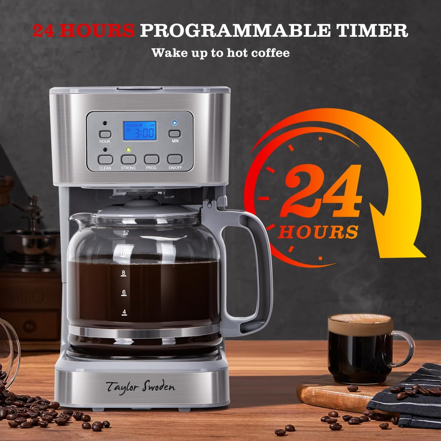 12-Cup Programmable Coffee Maker, Regular & Strong Brew Drip Coffee Machine for Home and Office, Glass Carafe, Pause & Serve, Auto Shut Off, Gray & Stainless Steel