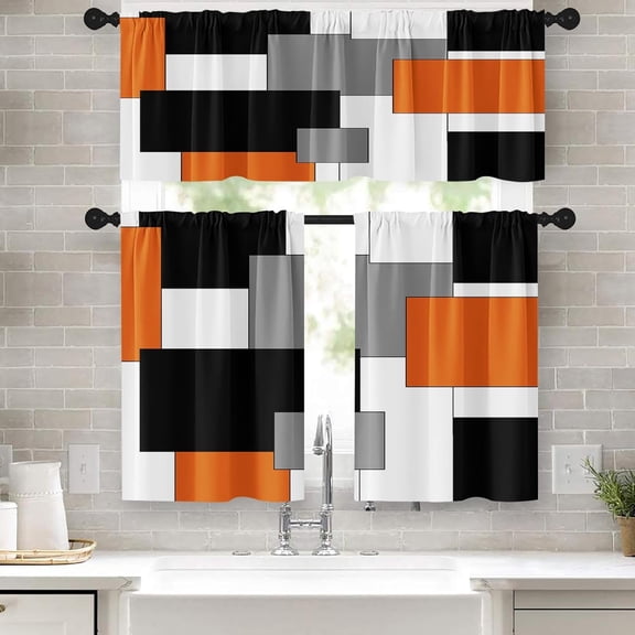 Kitchen Curtains Sets for Window, 52x39 Inch, 3 Pack, Abstract Art | Orange Grey Modern Rod Pocket Cafe Curtain Drapes for Living Room Bedroom Bathroom Kitchen Over Sink Decor