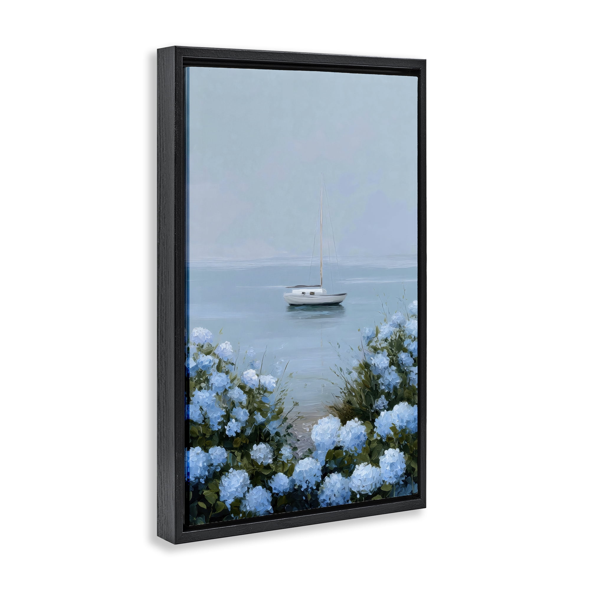 Stupell Industries Yacht in Floral Bay Black Framed Floater Canvas Wall Art, design by Petal Prints Design