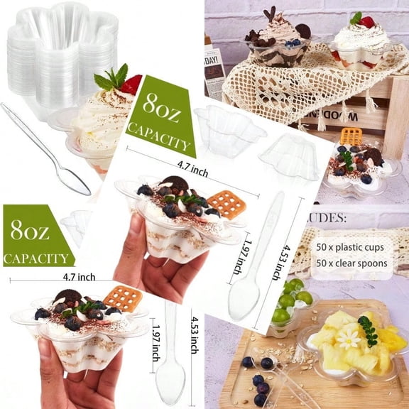 50ct 8oz Clear Plastic Dert Cups with Spoons Disposable Flower Shaped Ice Cream Bowls Party Sundae Serving Bowls for Ice Cream Nuts and Salad Trifle Tasters Containers