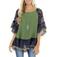 thumbnail image 2 of Cute Party Summer Tops for Women Plus Size Boho Flowy Loose Womens Blouses Trendy Tunics Round Neck Floral Print Color Block Shirts for Women Dressy 3/4 Sleeve Casual Tshirt, 2 of 6