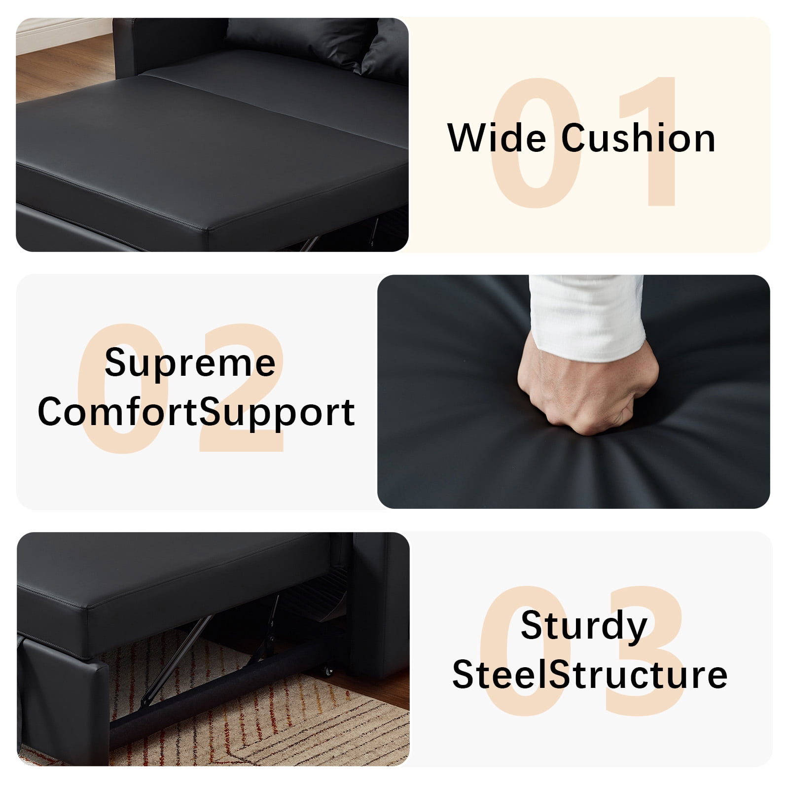 55" 3 in 1 Convertible Sleeper Sofa Bed, Leather Pull Out Sofa Bed, Loveseat Sleeper, Futon Sofa Couch with Side Pocket for Living Room, Apartment, Bedroom, Black