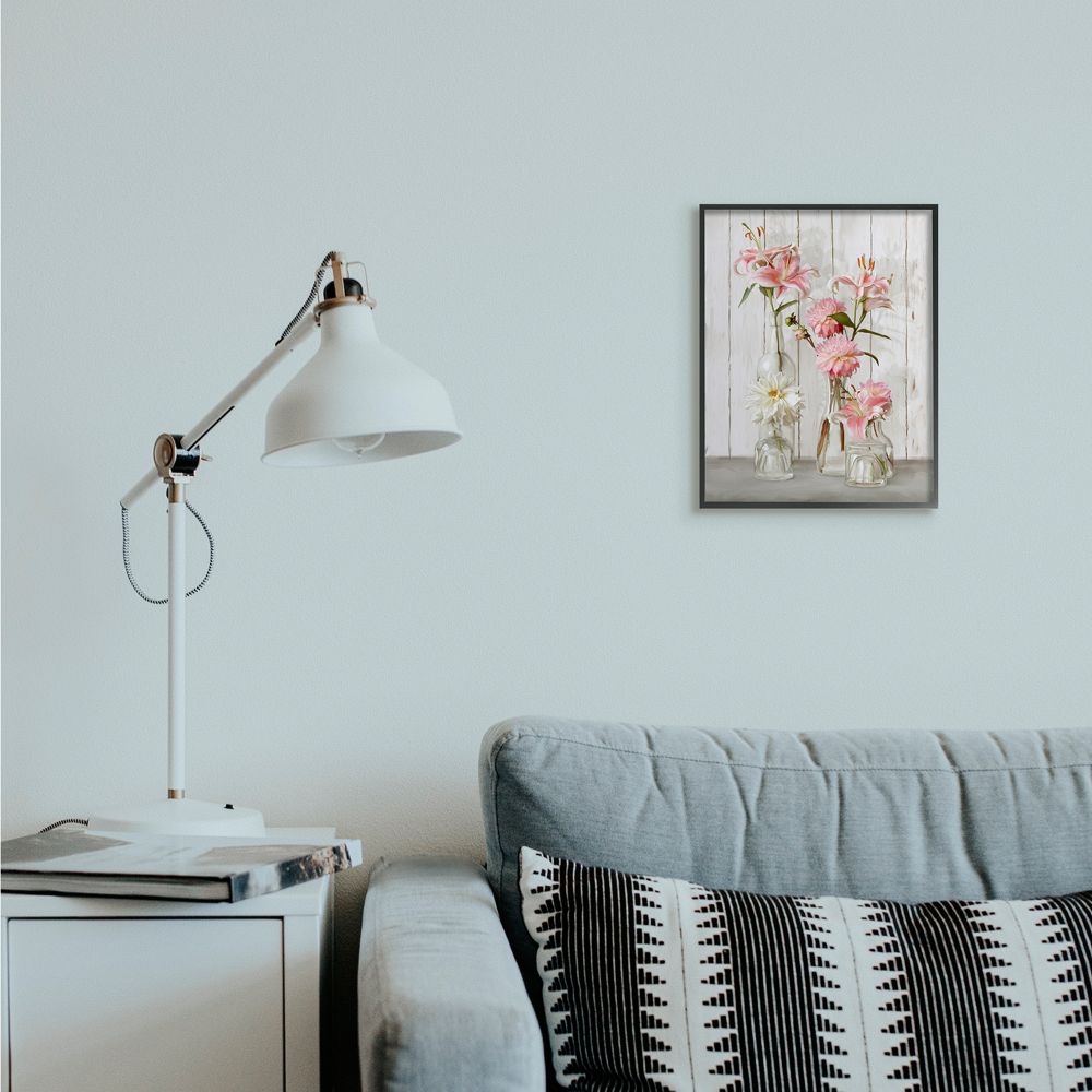 Stupell Industries Spring Pink Florals in Glass Jars Feminine Rustic Flowers Framed Wall Art Design by Ziwei Li, 11" x 14", Black Framed