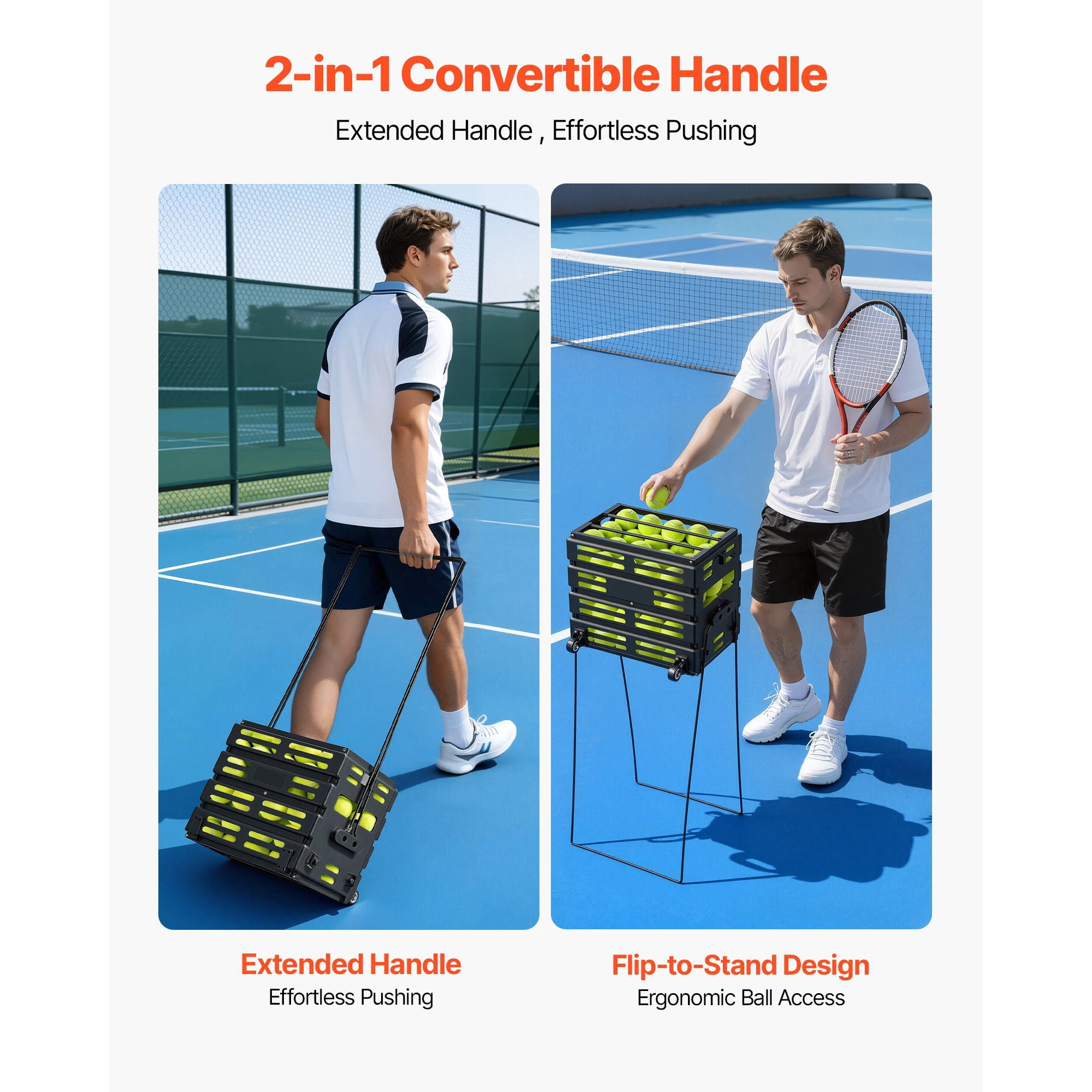 Tennis and Pickleball funnels can hold up to 80 balls, with a wheeled basket cart for heavy convenient collection for training storage