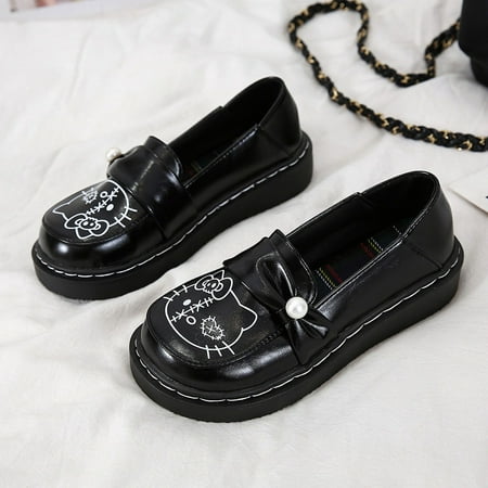 2024 Anime Sanrio Hello Kitty New Autumn Single Shoes for Women Round-Toe Mary Jane Shoes Flat Loafers Slip-Ons JK Style Leather Shoes with Pearl Accents
