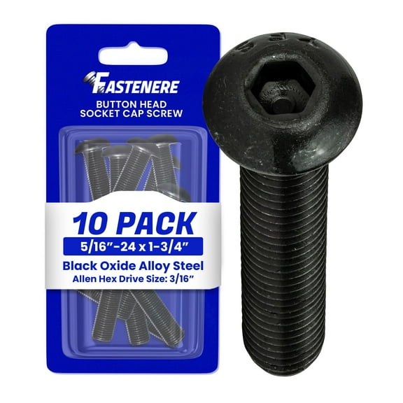 Fastenere Button Head Socket Cap Screws - 5/16-24 x 1-3/4" (10-Pcs) Alloy Steel, Fully Threaded, Fine Black Oxide Finish, Corrosion-Resistant, Machine Thread, Easy to Install w/ Allen Hex Drive