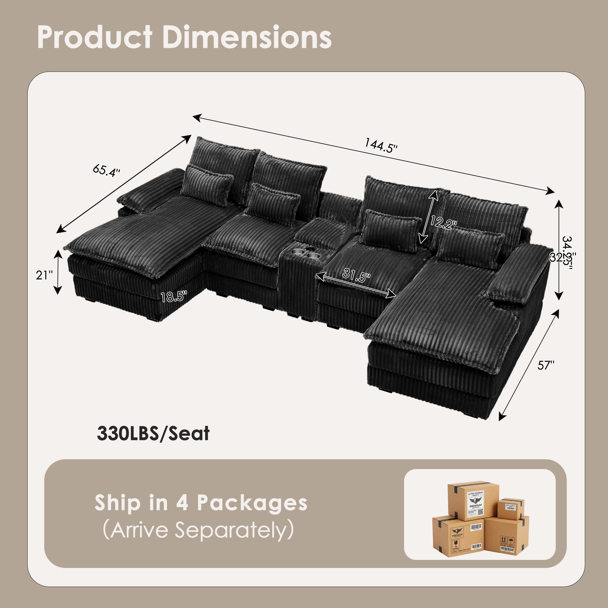 Avobird Oversided 145" U Shaped Cloud Couch Sectional, DeepSeat Sofa Bed with USB Charging, Hidden Storage, Cup Holders & Chenille Double Chaise, Gray